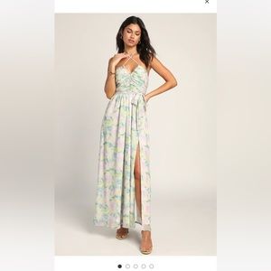 Lulus Effortlessly Abloom Green Multi Floral Ruched Halter Maxi Dress